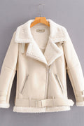 Women Belt Hem Thick Long Sleeve Regular Style Casual Winter Leather Jacket