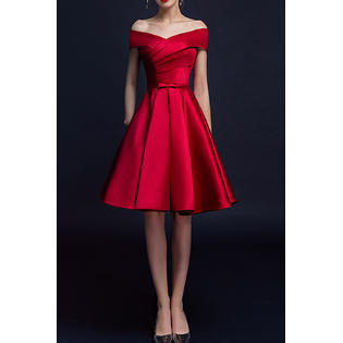 Women Breathable Off-Shoulder Solid Colored Pleated Skirt Evening Party Dress