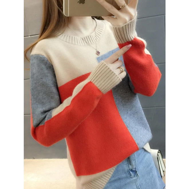Women Comfortable Thick Long Sleeve Trendy Striped Pattern High Neck Stylish Winter Warm Pullover Sweater