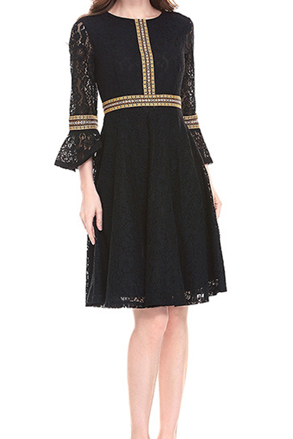 Women Round Neck Lace Sleeves Pleated Skirt Dress