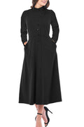 Women Collar Neck Slim Tight Sleeves Pockets Dress