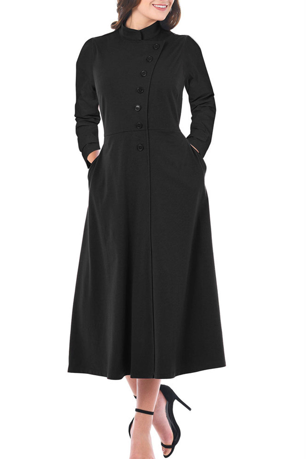 Women Collar Neck Slim Tight Sleeves Pockets Dress