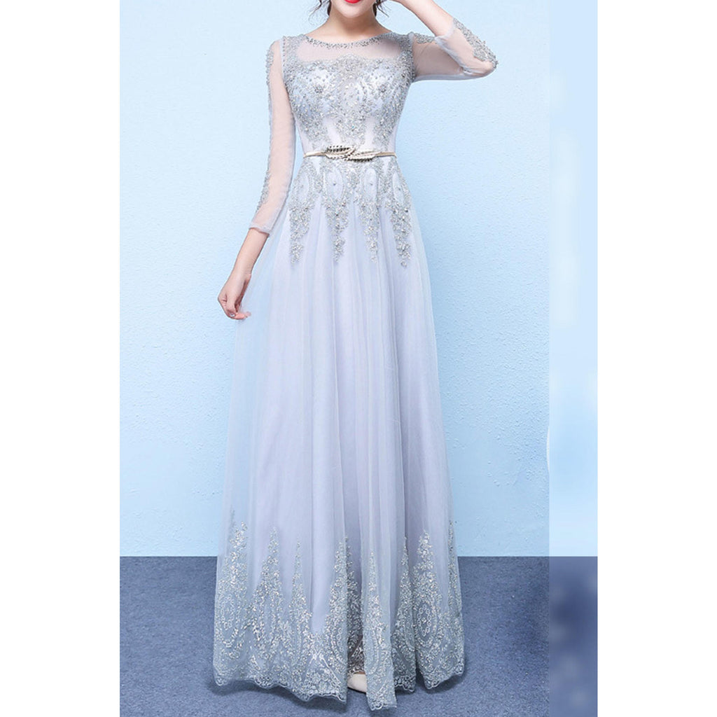 Women Appealing Round Neck Net Material Crafted Long Sleeve Beautifully Embroidered Wedding & Party Dress