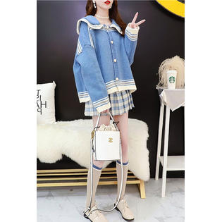 Women Striped Big Collar Button Down Warm Winter Cardigan