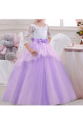 Girls Kids Round Neck Sheer Sleeves Long Dress