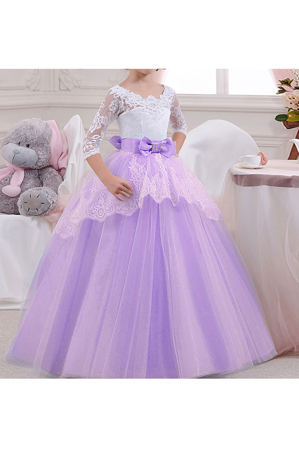 Girls Kids Round Neck Sheer Sleeves Long Dress