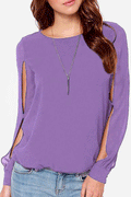 Women's Round Neck Stylish long Sleeves Hollow Out Lilac Shirt Purple