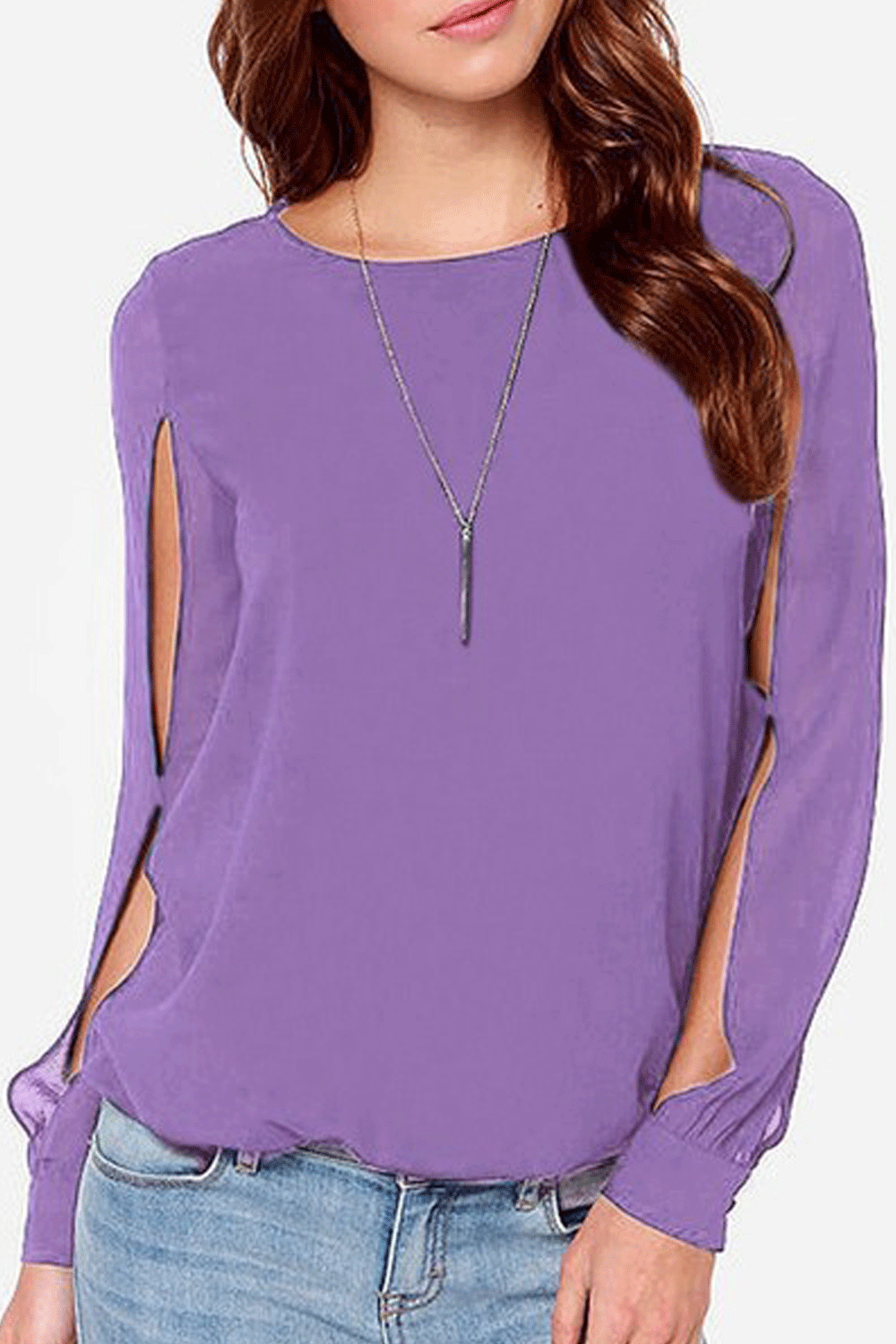Women's Round Neck Stylish long Sleeves Hollow Out Lilac Shirt Purple