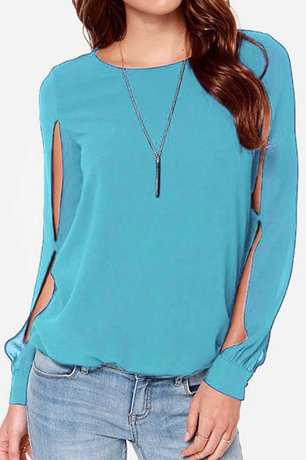 Women's Round Neck Stylish long Sleeves Hollow Out Lilac Shirt Purple