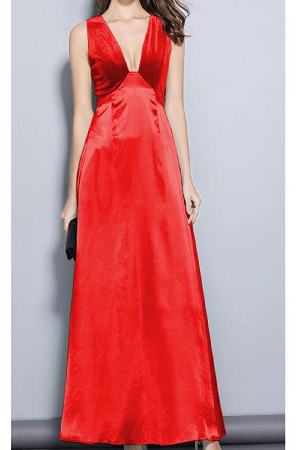 Women V-Neck Plain Long Skirt Evening Dress