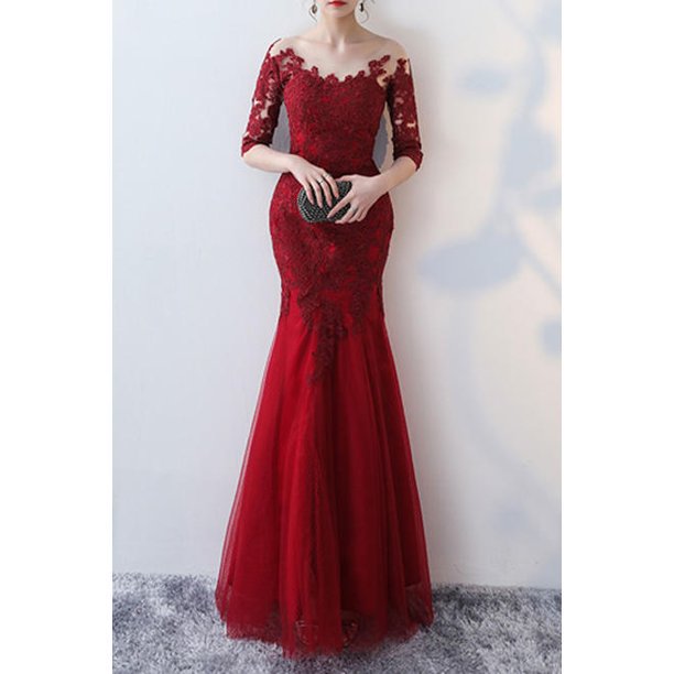 Women Sheered Neck Slim Wedding Dress