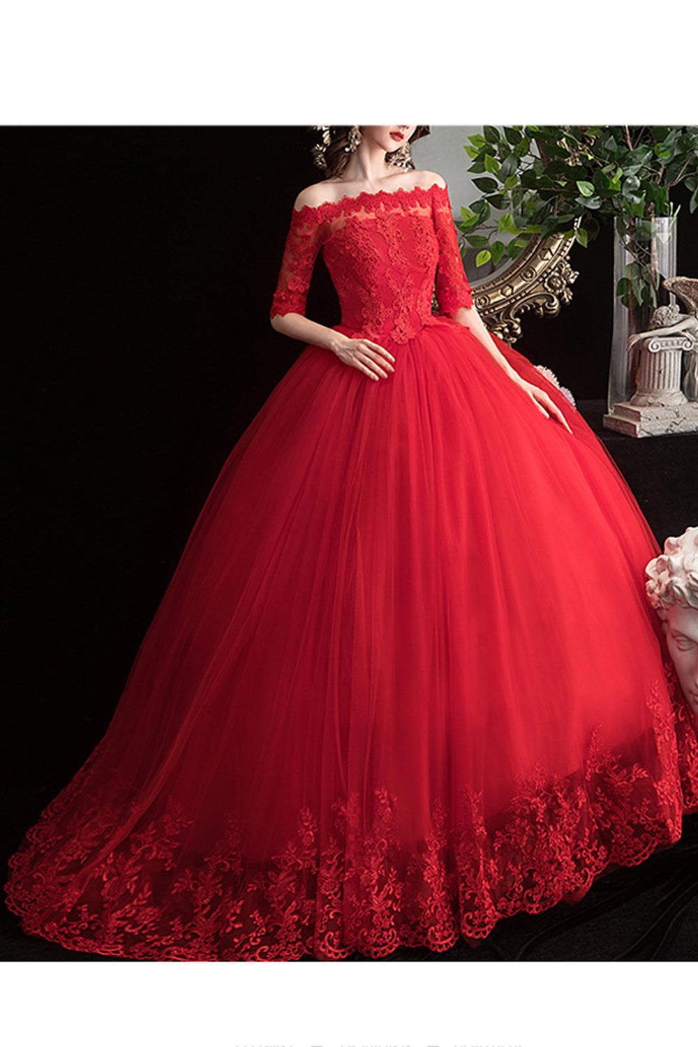 Women Off-Shoulder Lace Embroidered Solid Pattern Thin Ball Gown Wedding Dress