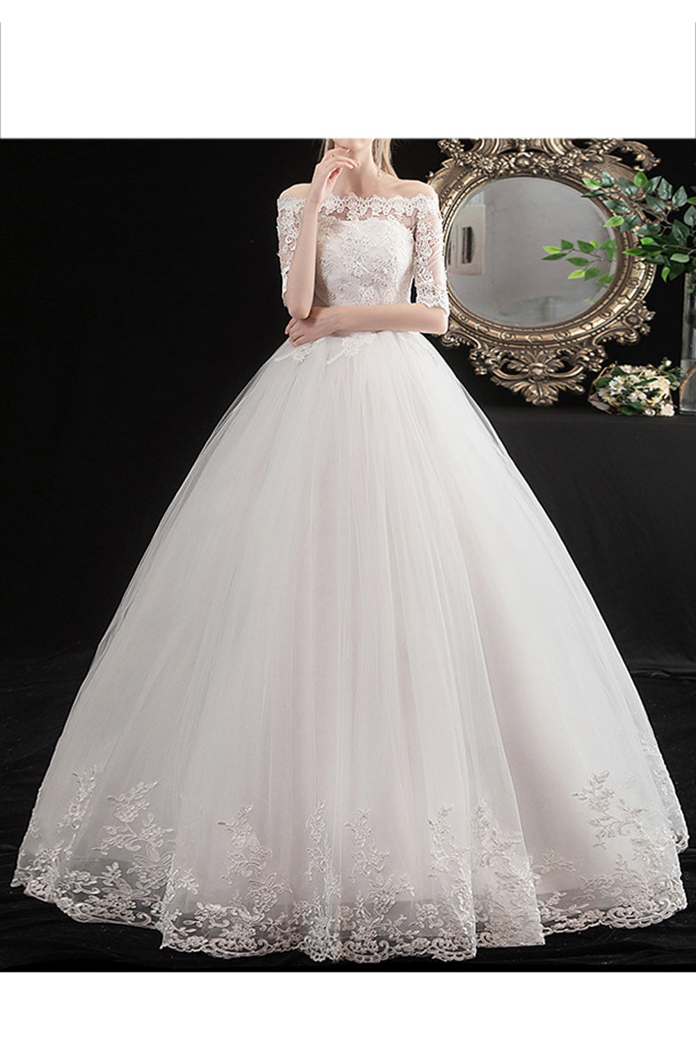 Women Off-Shoulder Lace Embroidered Solid Pattern Thin Ball Gown Wedding Dress