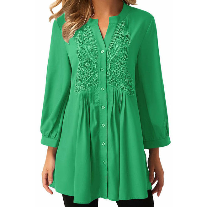 Women New Loose Styled Solid Pattern Long Sleeve Lace Decorated Top