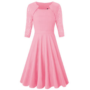 Women Square Neck 3/4 Sleeve Halter Dress