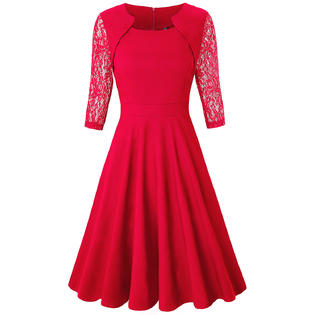 Women Square Neck 3/4 Sleeve Halter Dress