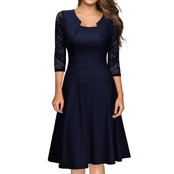 Women Square Neck 3/4 Sleeve Halter Dress