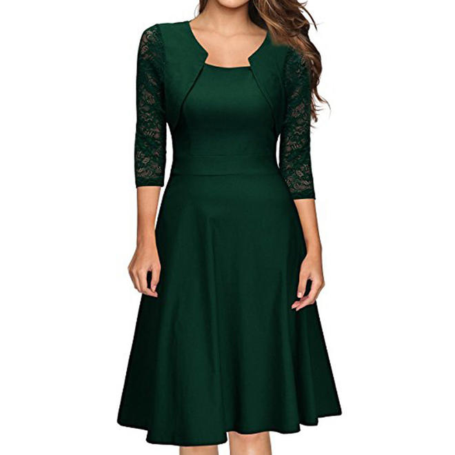 Women Square Neck 3/4 Sleeve Halter Dress