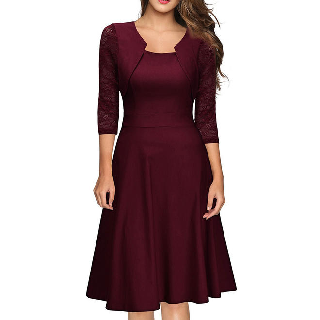 Women Square Neck 3/4 Sleeve Halter Dress