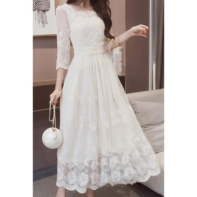 Women Square Neck 3/4 Sleeve Embroided Dress