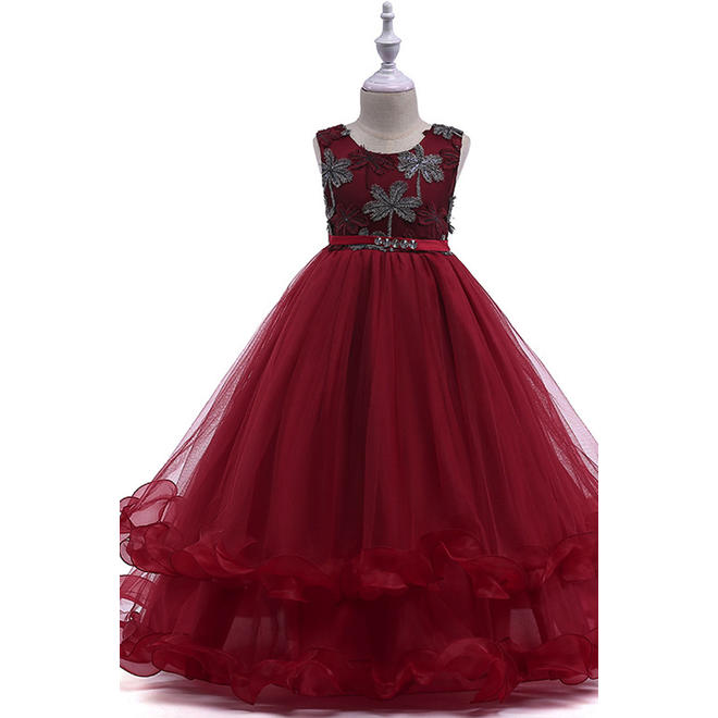 Kids Girls Embroidered Ruffled Skirt Wedding Dress