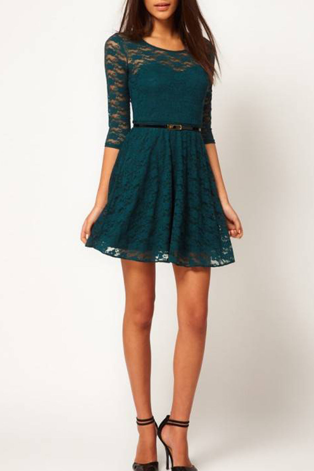 Women Pleated 3/4 Sleeve Soft Lace Halter Dress