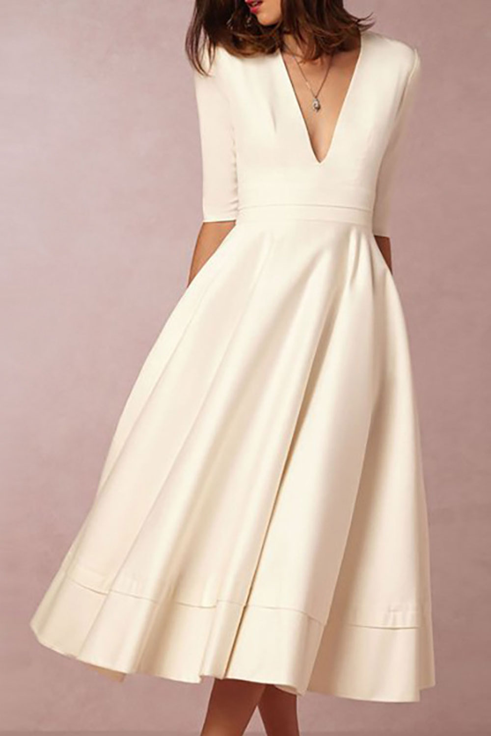 Women Deep Neck Short Sleeve Slim Dress