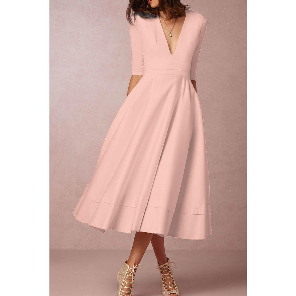 Women Deep Neck Short Sleeve Slim Dress