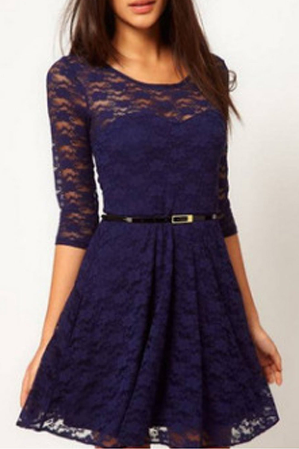 Women Pleated 3/4 Sleeve Soft Lace Halter Dress