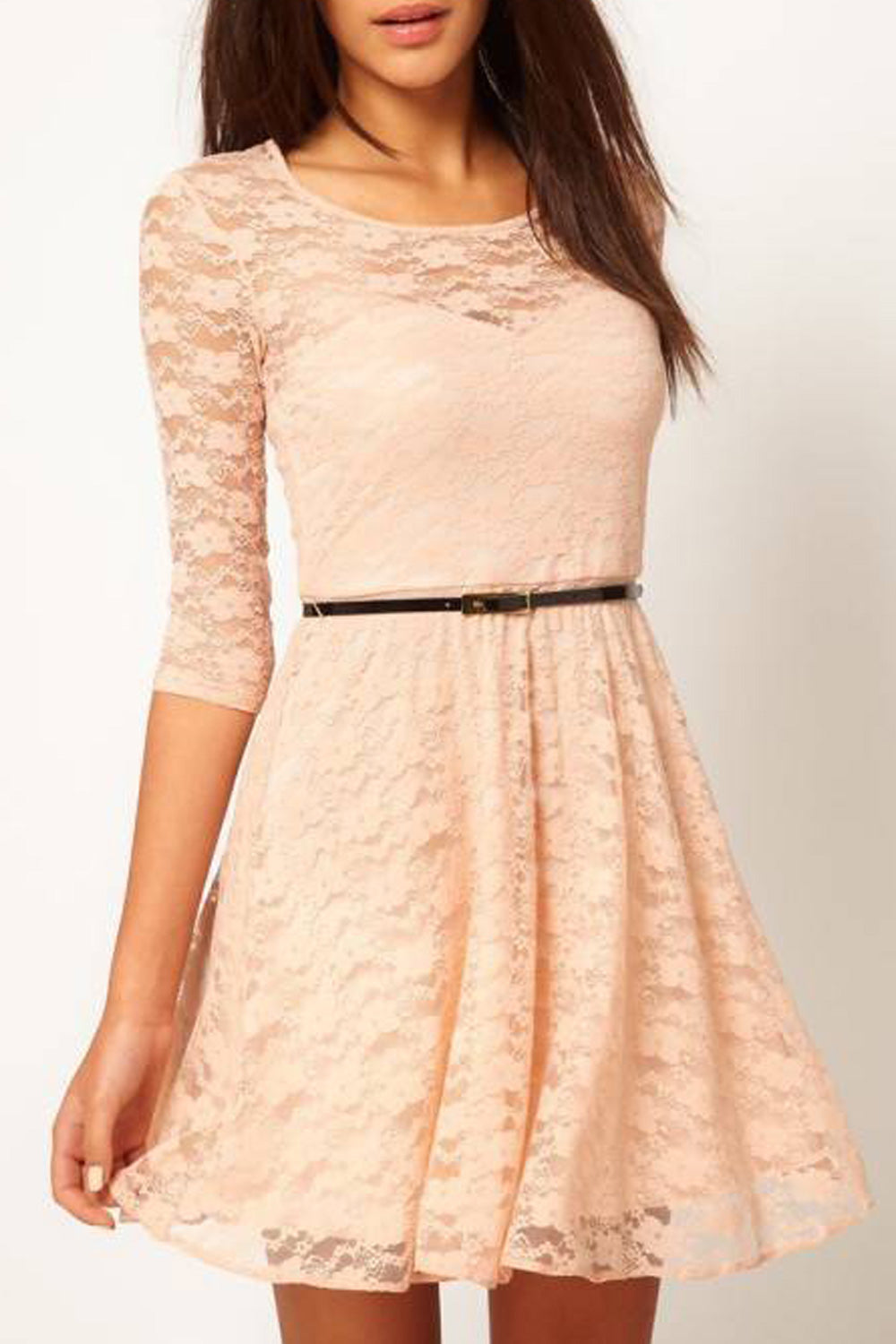 Women Pleated 3/4 Sleeve Soft Lace Halter Dress