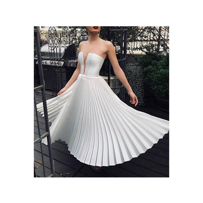 Women Off Neck Slit Wrinkled Skirt Dress