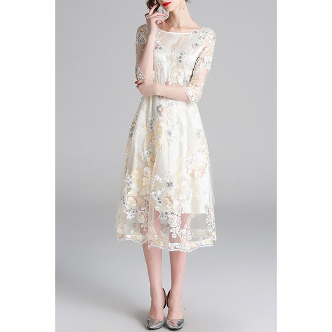 Women Mesh Embroidered Below Knee Elegant Dress
