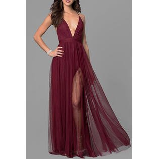 Women Adjustable V Neck Slit Design Chiffon Dress