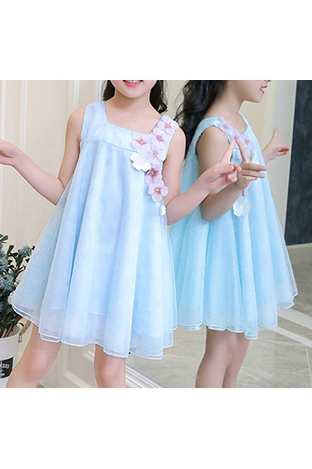 Kids Girls Flower Decoration Flare Short Dress