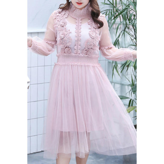 Women High Neck Empire Waist Long Sleeve Dress