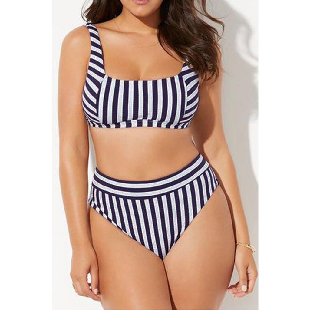 Women Elegant Striped Pattern Two Piece Halter Neck Breathable Swimwear Set