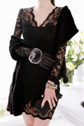 Women V-Neck Transparent Full Sleeves Short Dress Black