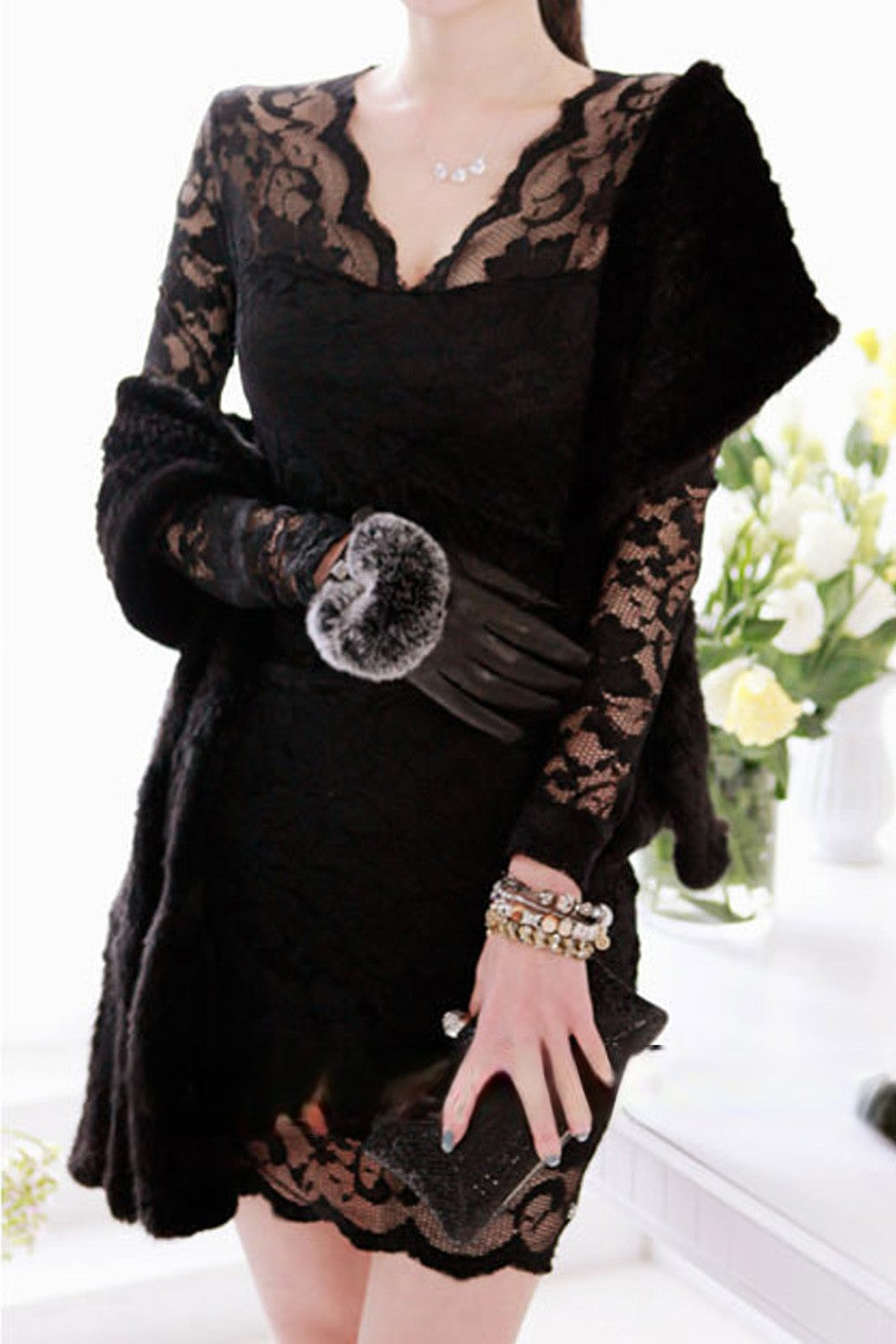 Women V-Neck Transparent Full Sleeves Short Dress Black