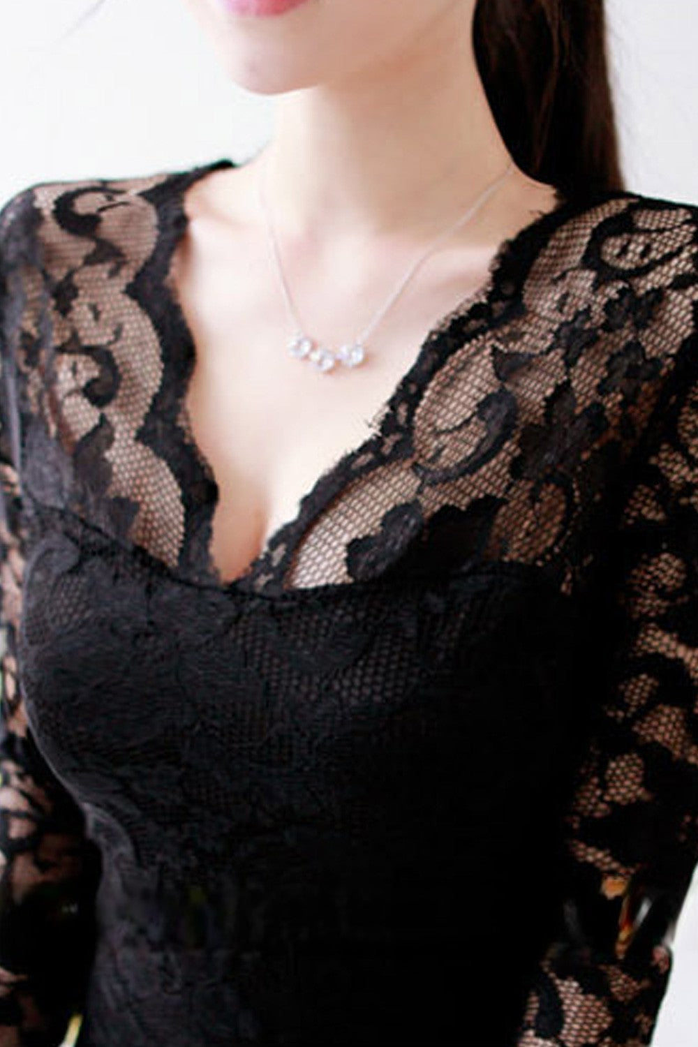 Women V-Neck Transparent Full Sleeves Short Dress Black
