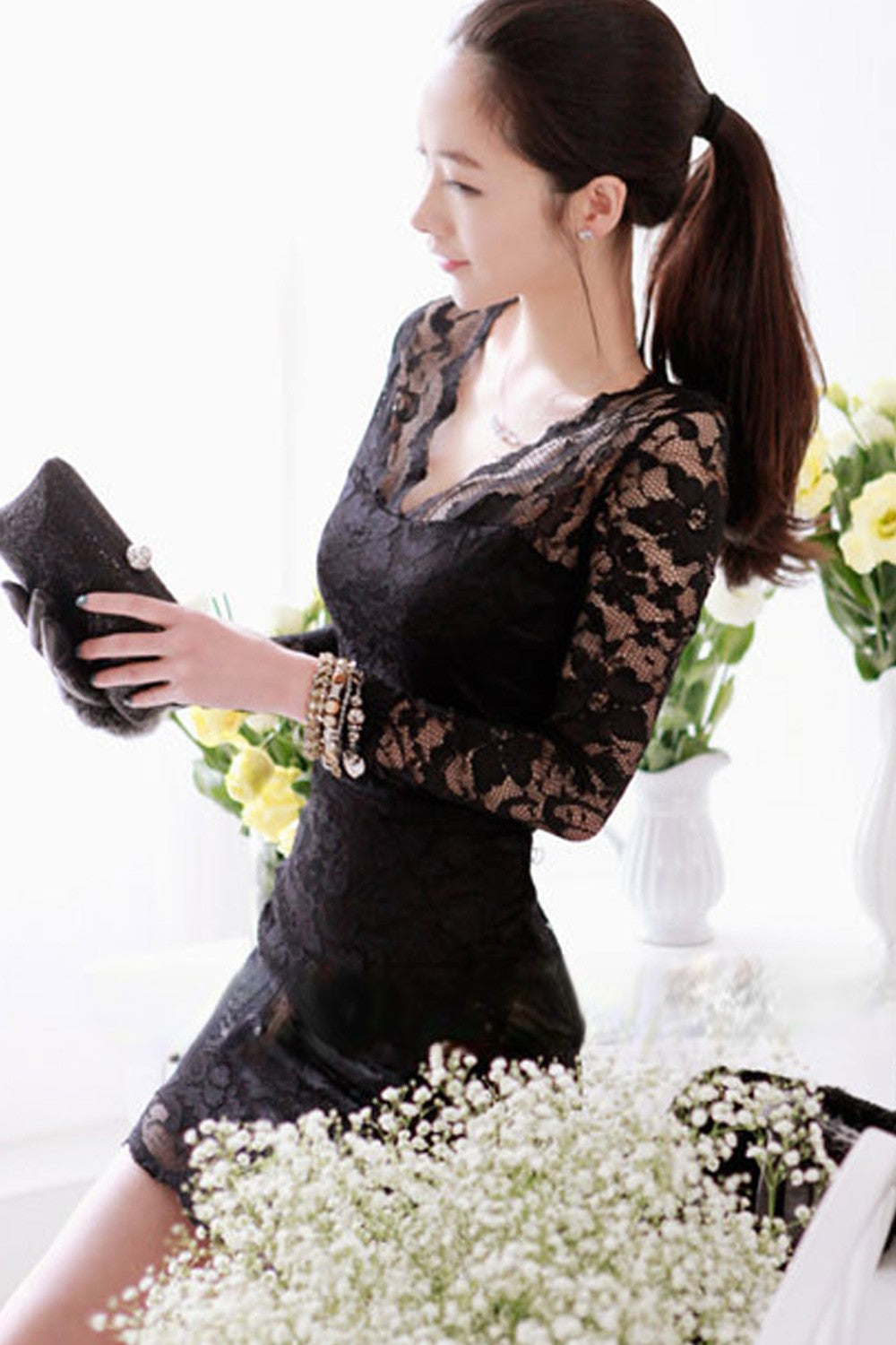 Women V-Neck Transparent Full Sleeves Short Dress Black