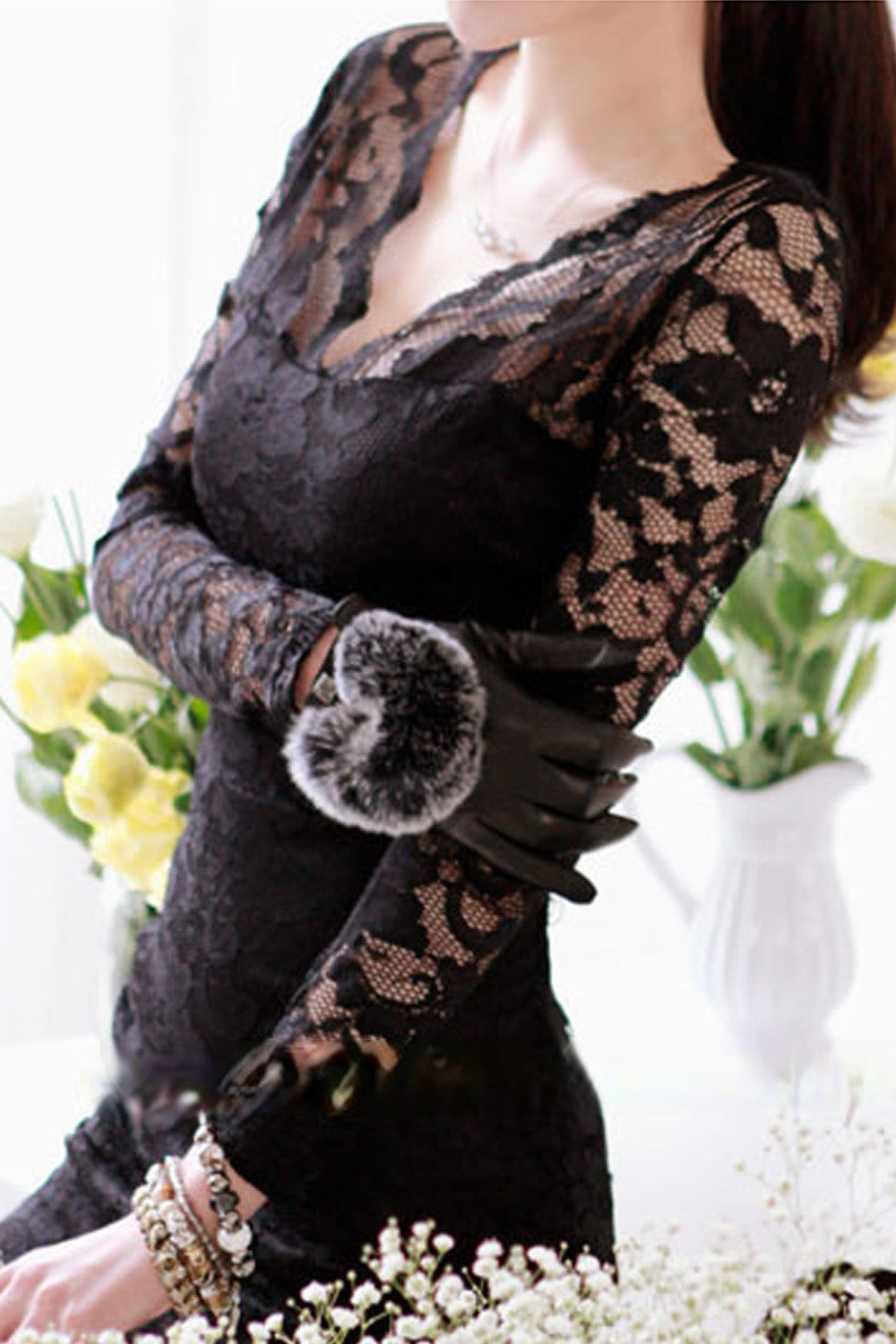 Women V-Neck Transparent Full Sleeves Short Dress Black