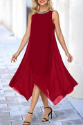 Women Decorated High Neck Solid Chiffon Dress