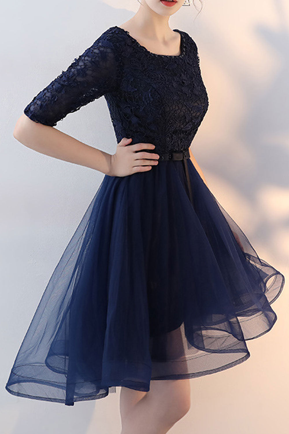 Women Irregular Thin Mesh Skirt Solid Colored Embroidery Style Half Sleeve Dress