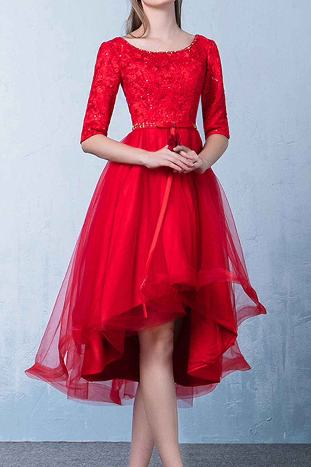 Women Irregular Thin Mesh Skirt Solid Colored Embroidery Style Half Sleeve Dress