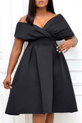 Women Elegent Solid Color Short Sleeve Knee Length V-Neck Weekend Dress
