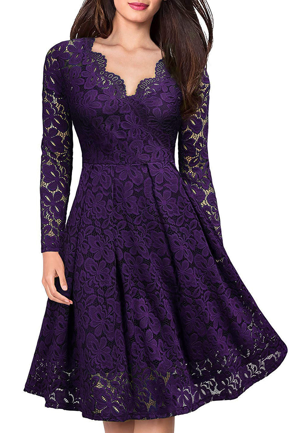 Women Alluring Lace Pattern Long Sleeve V-Neck Knee Length Beautiful Dress