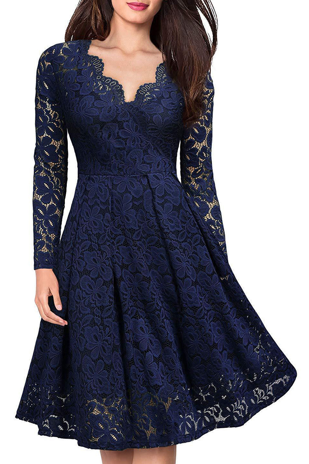 Women Alluring Lace Pattern Long Sleeve V-Neck Knee Length Beautiful Dress