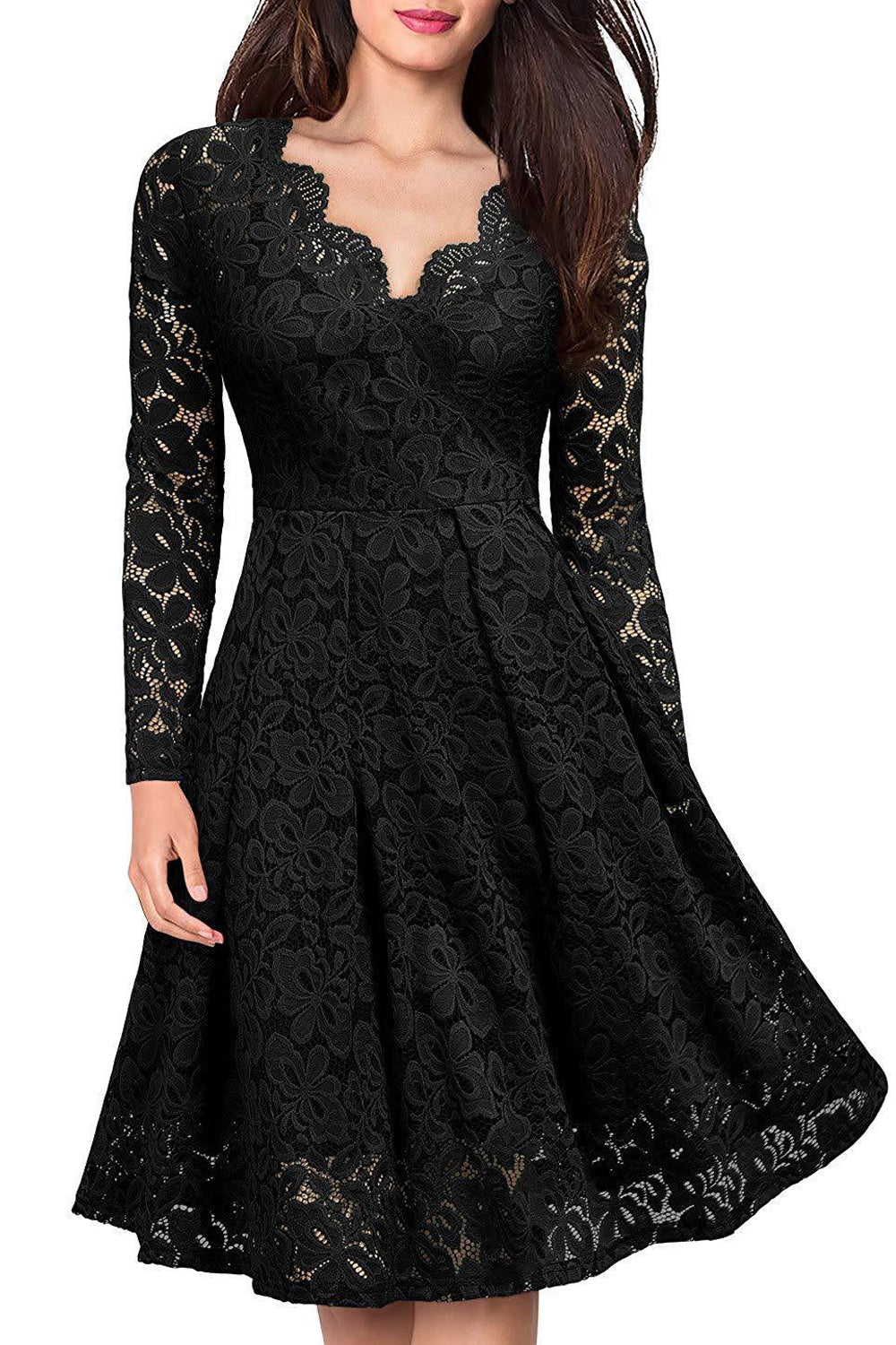 Women Alluring Lace Pattern Long Sleeve V-Neck Knee Length Beautiful Dress
