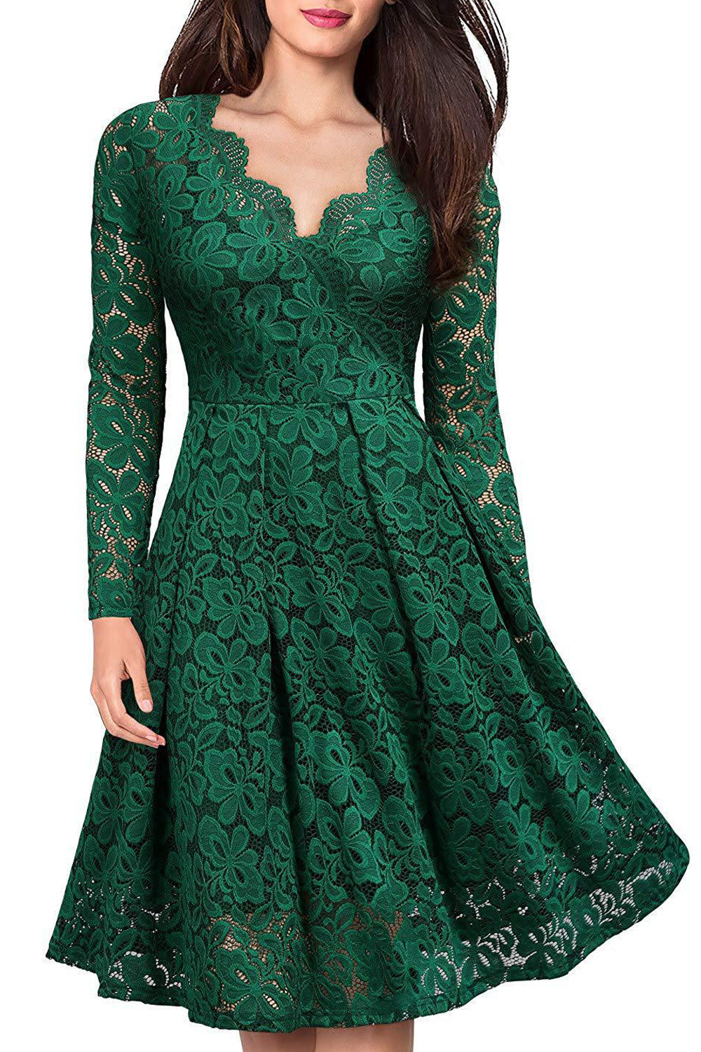 Women Alluring Lace Pattern Long Sleeve V-Neck Knee Length Beautiful Dress