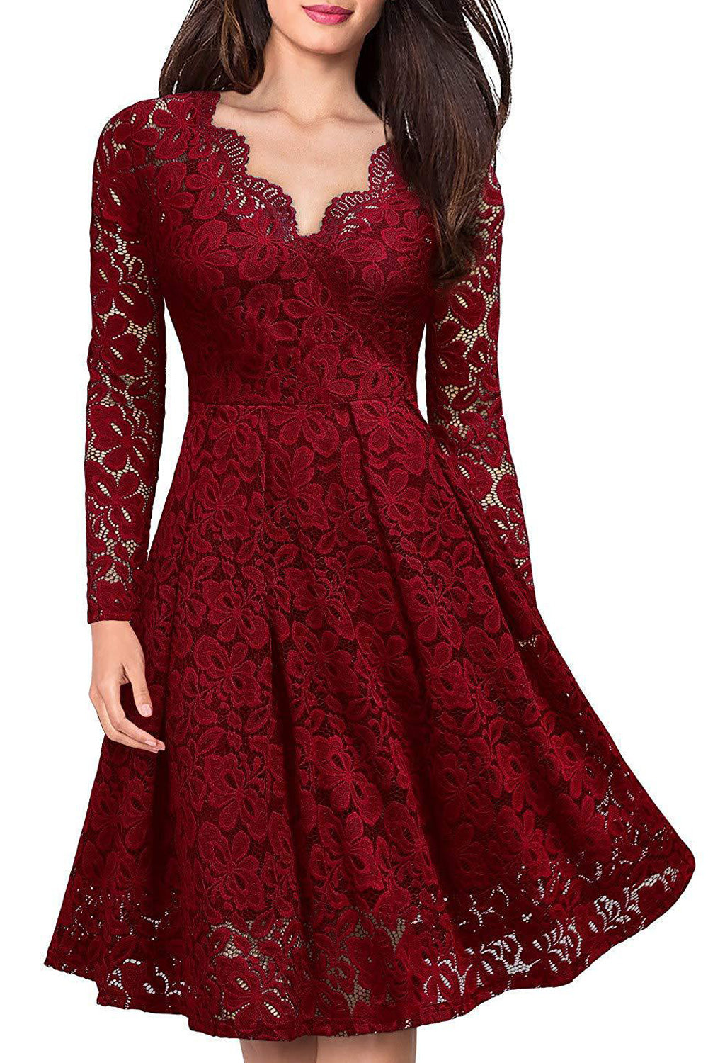 Women Alluring Lace Pattern Long Sleeve V-Neck Knee Length Beautiful Dress